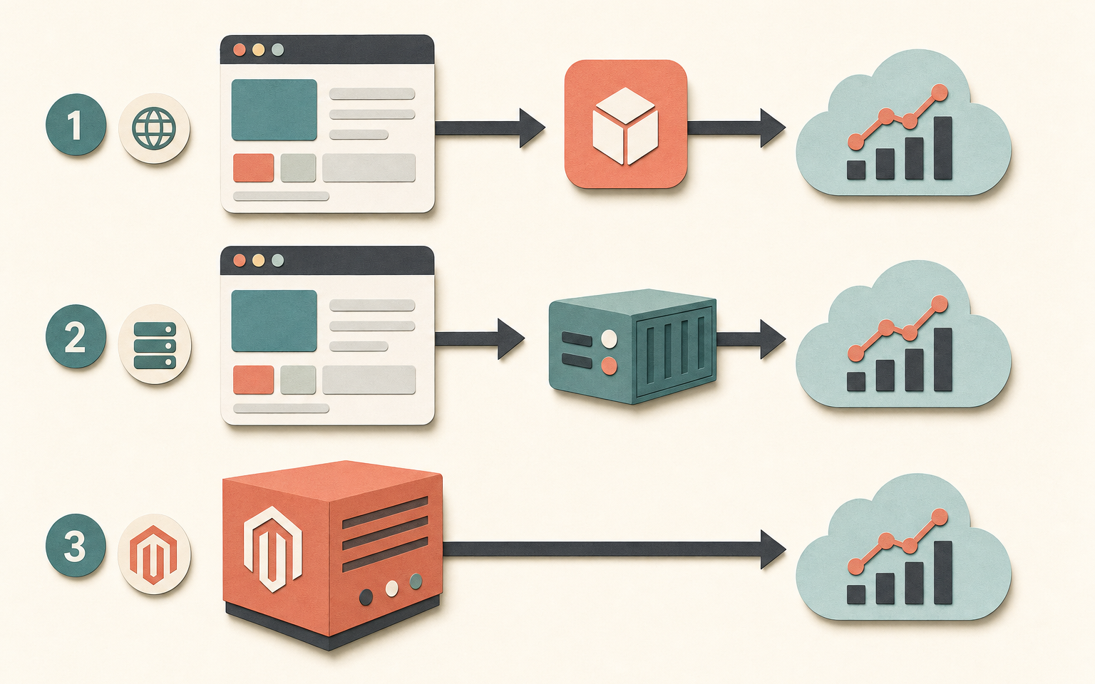 Diagram comparing client-side GA4 tagging, server-side GTM container, and Measurement Protocol sending events directly from the Magento server to Google Analytics