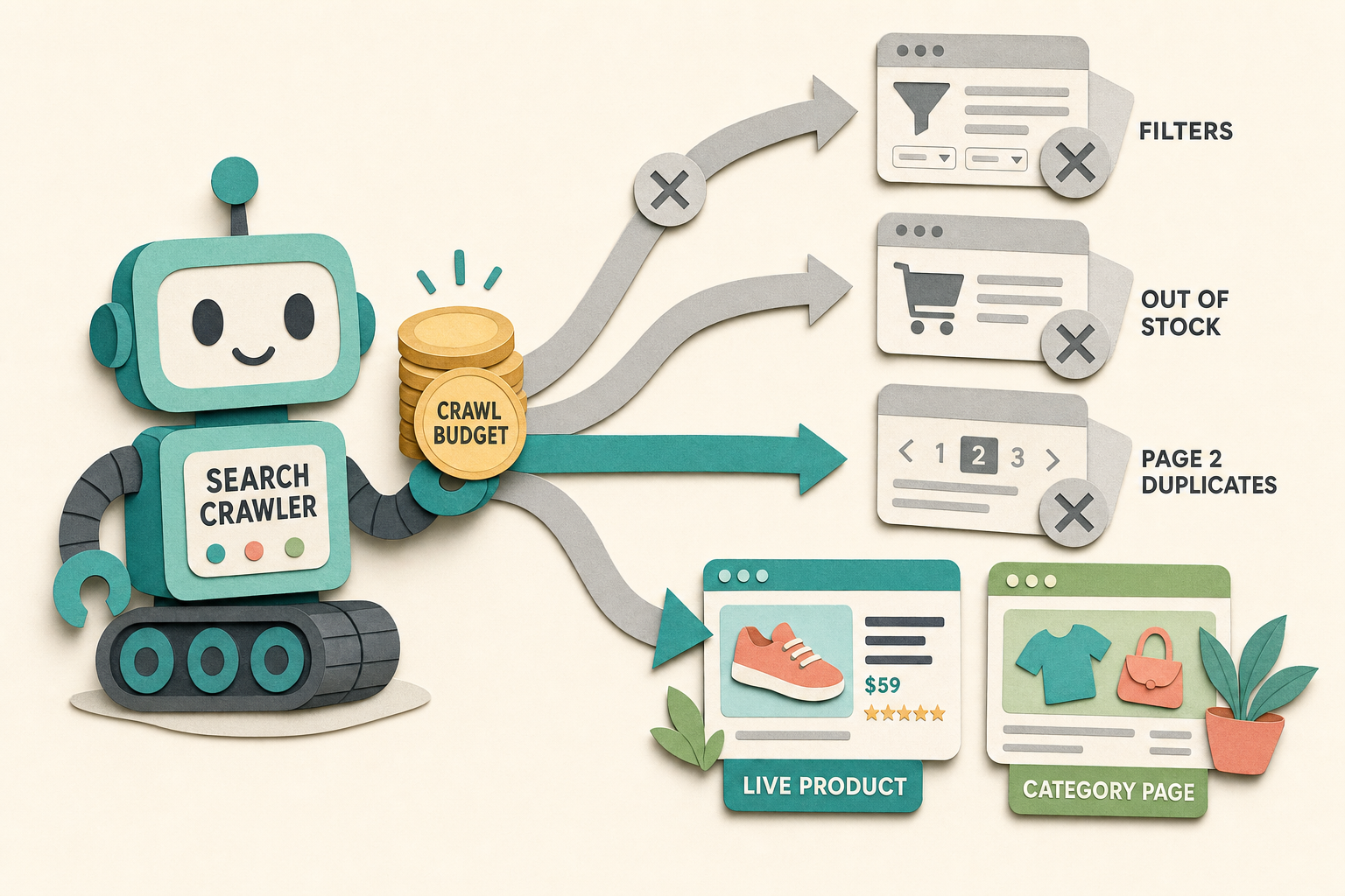 Diagram of crawl attention being spent on filtered layered-navigation URLs and retired product pages instead of live category and product pages