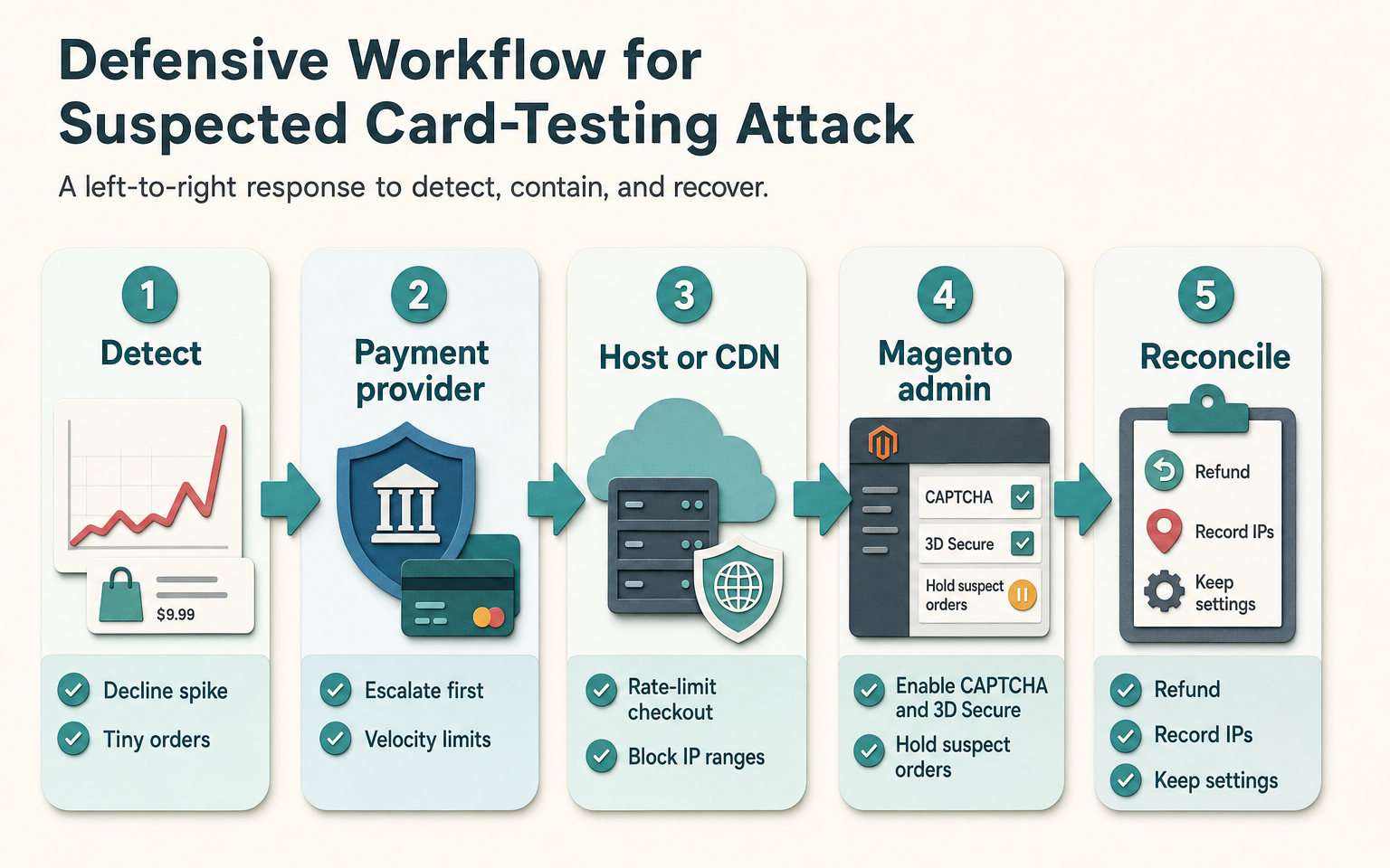 Defensive workflow diagram for a suspected Magento card-testing attack, running from detection through payment provider, host, and admin actions