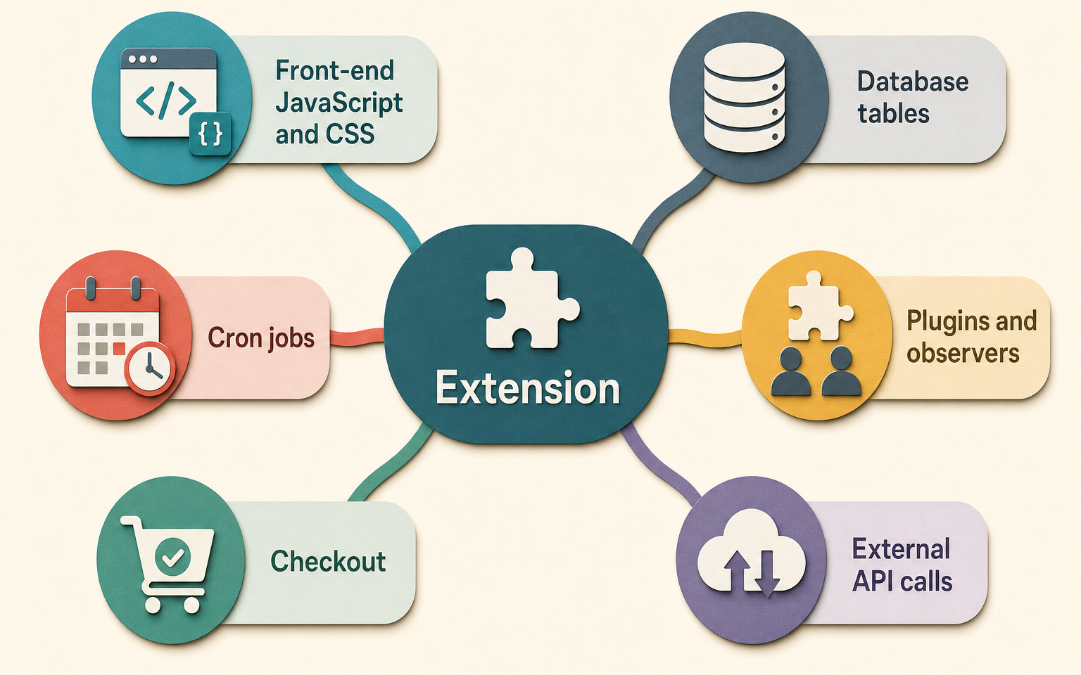 Impact map showing where a Magento extension touches the store: frontend JavaScript, database tables, cron jobs, plugins and observers, checkout, and external API calls