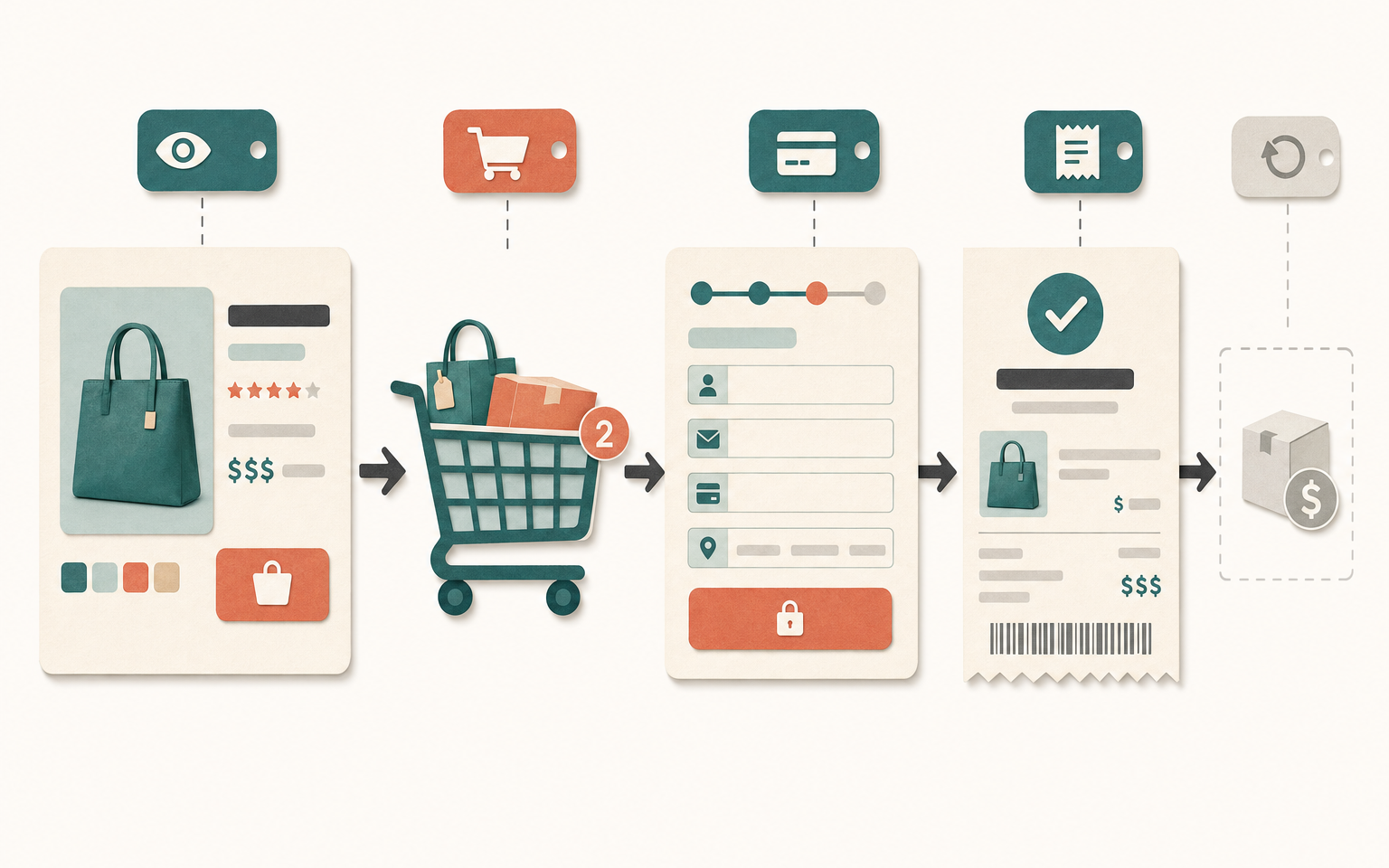Diagram mapping the seven core GA4 ecommerce events to the Magento shopping journey from product view through to purchase and refund