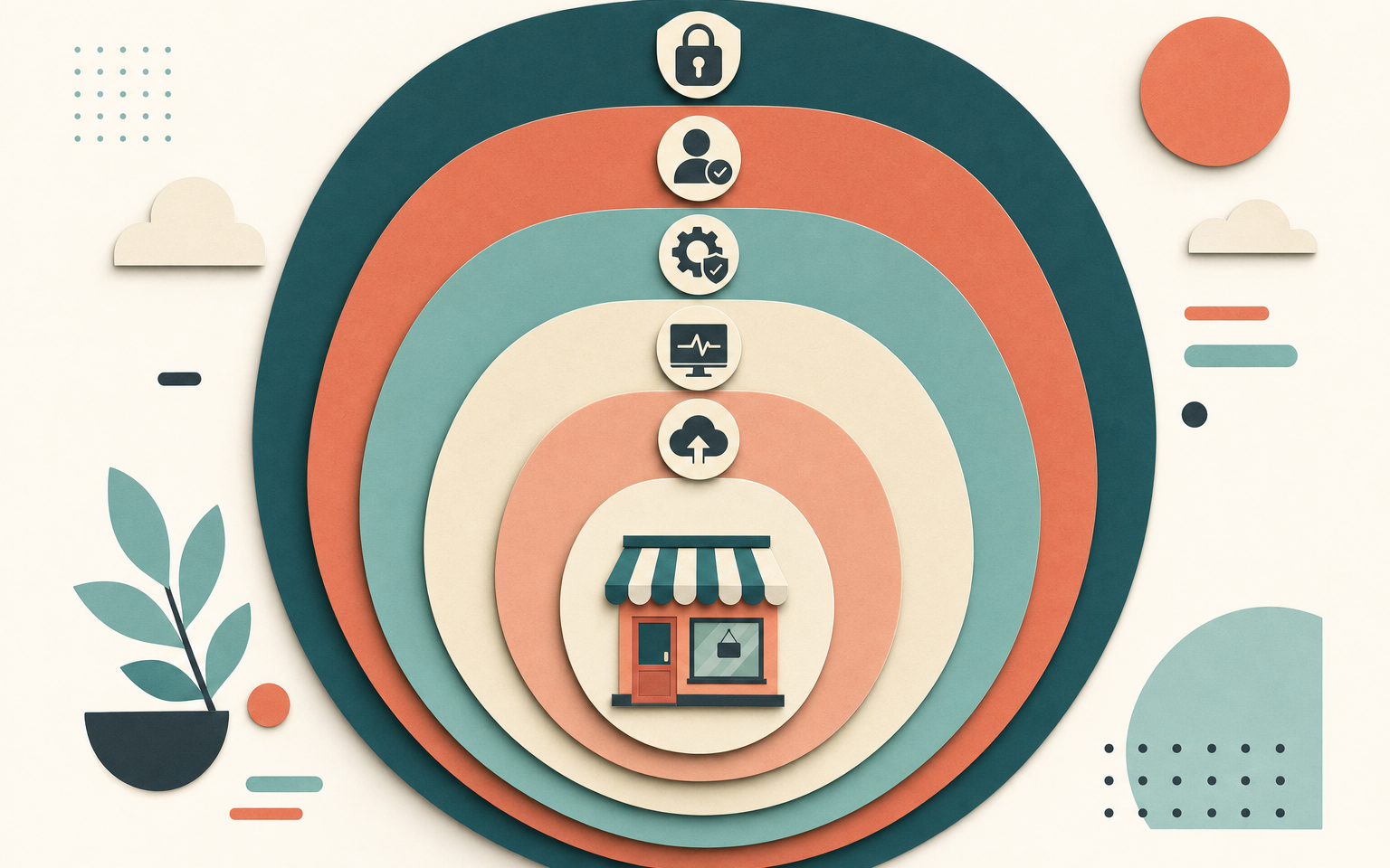 Layered protection diagram for a Magento store showing access control, account hygiene, patching, monitoring and backups as concentric defensive layers