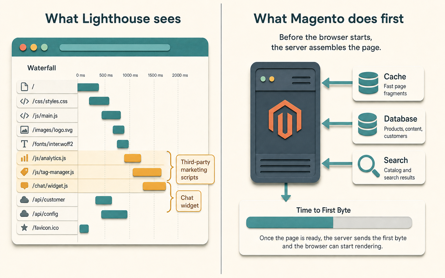 Comparison graphic showing a Lighthouse waterfall with third-party marketing scripts highlighted against Magento's own server-side reality