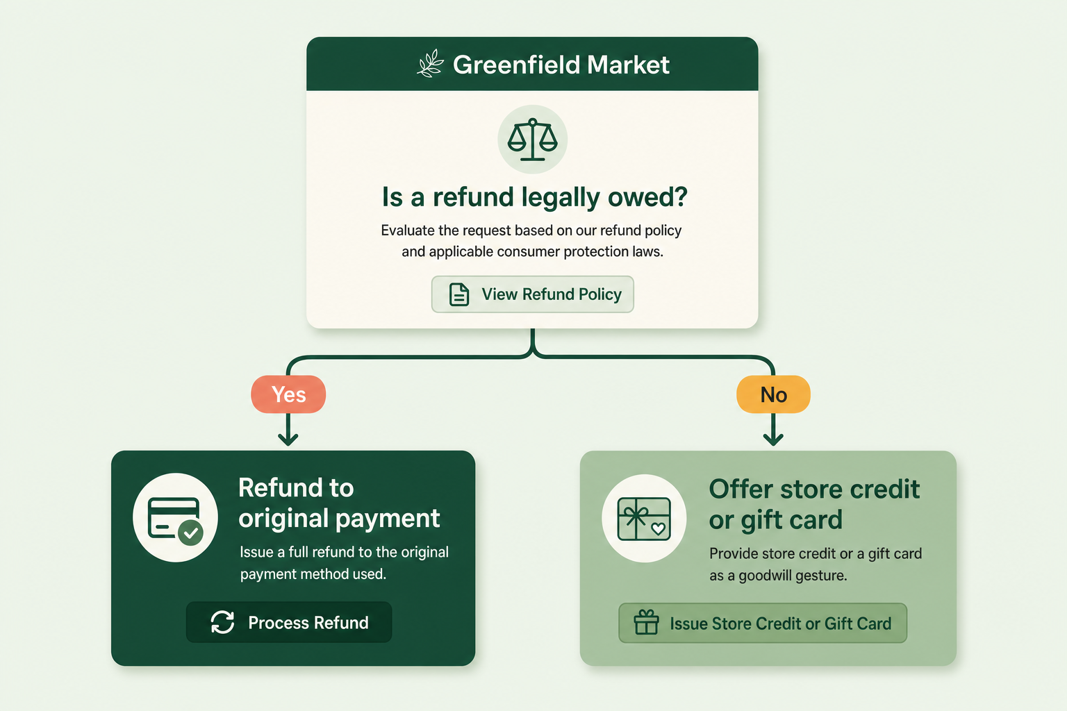 Decision tree for a Magento return showing when a cash refund is required and when store credit is a fair optional alternative