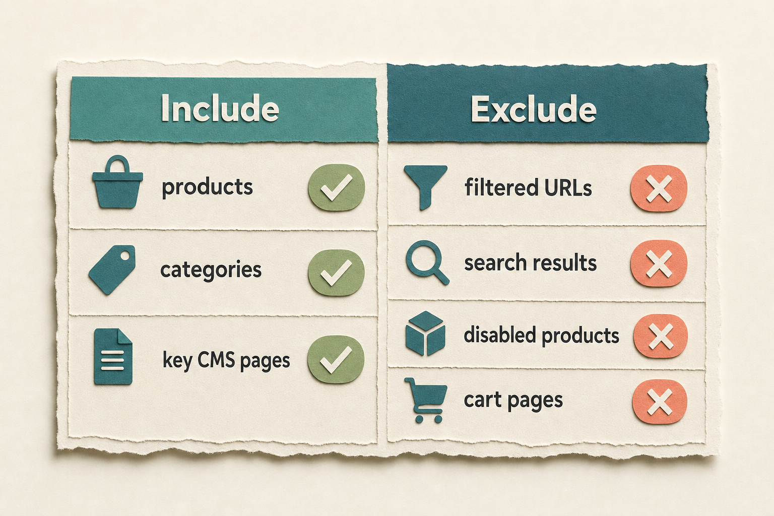 Decision table showing which Magento URL types belong in an XML sitemap and which should be excluded, with the reason for each