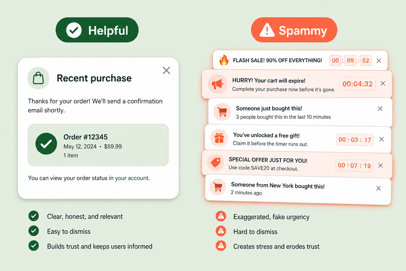 Side-by-side comparison of a helpful, dismissible social proof popup versus a spammy stack of fake-urgency countdowns and constant purchase alerts