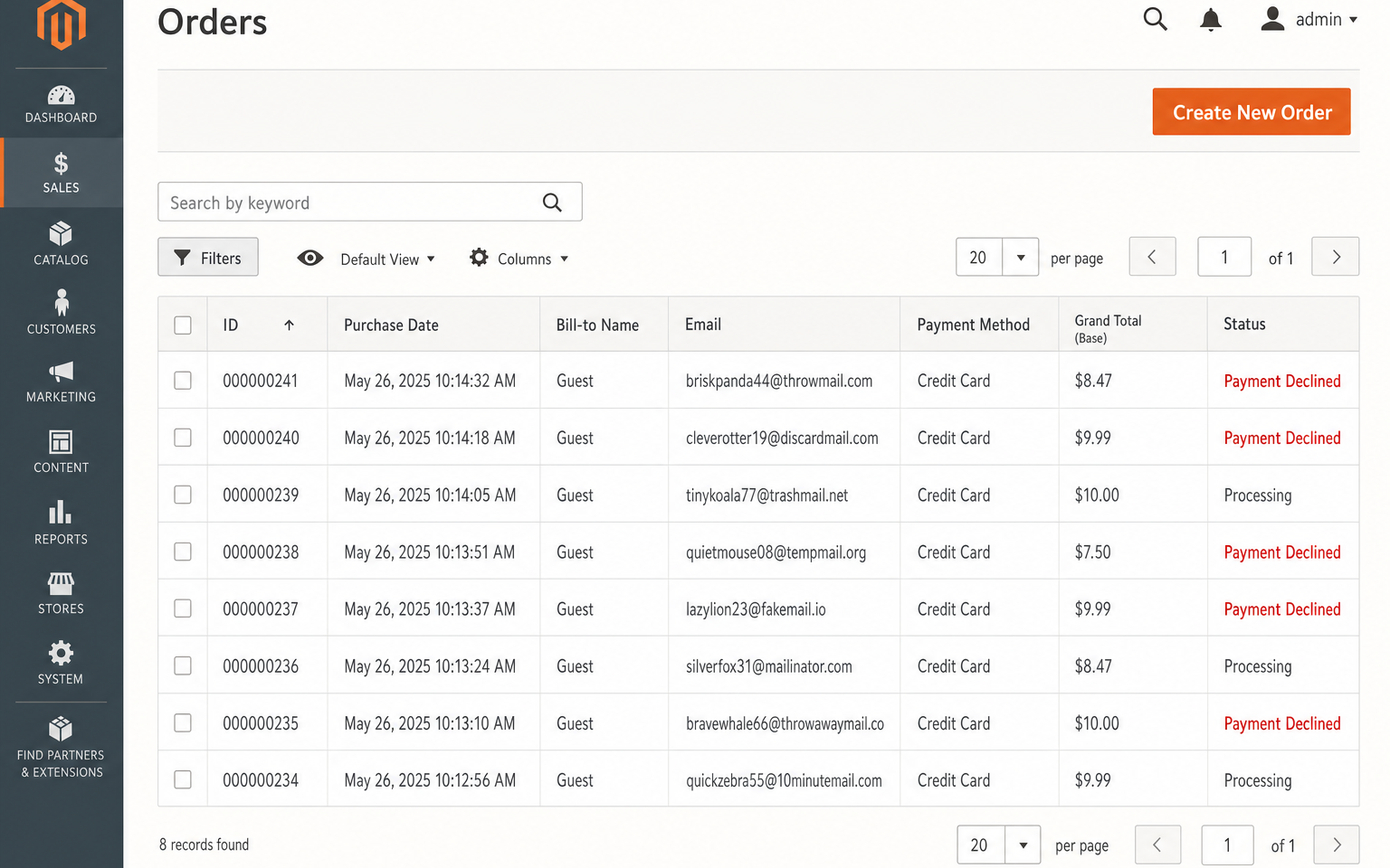 Mockup of a Magento admin order grid showing a burst of low-value orders from similar addresses and repeated card attempts within a few minutes