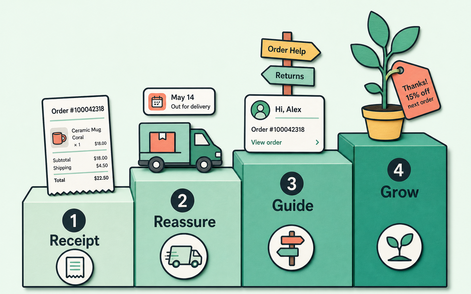 Four-stage maturity model diagram for order confirmation pages, from bare receipt to reassure, guide and grow stages
