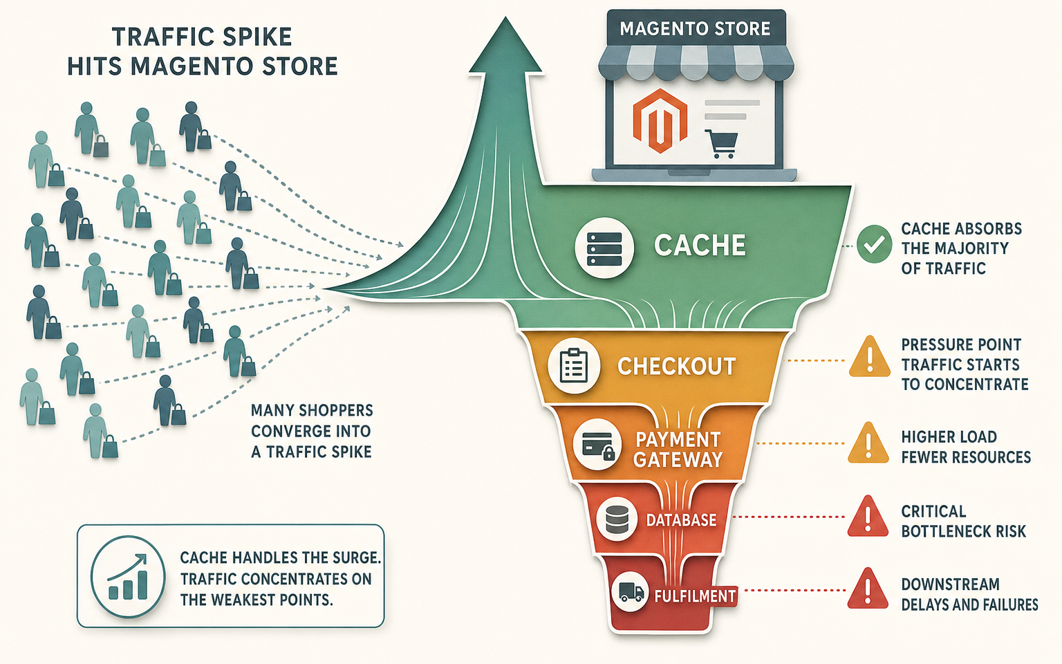 Diagram of a traffic spike hitting a Magento store, showing where bottlenecks form - cache, checkout, payment gateway, database and fulfilment