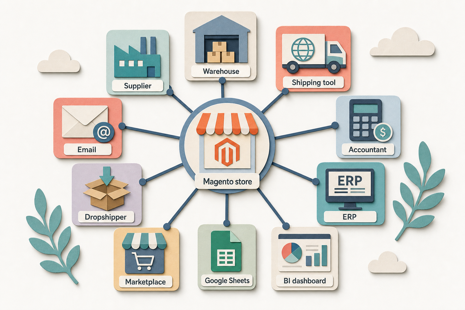 Diagram of a Magento store exporting order data to ten destinations including warehouse, supplier, accountant, shipping tool, ERP and Google Sheets