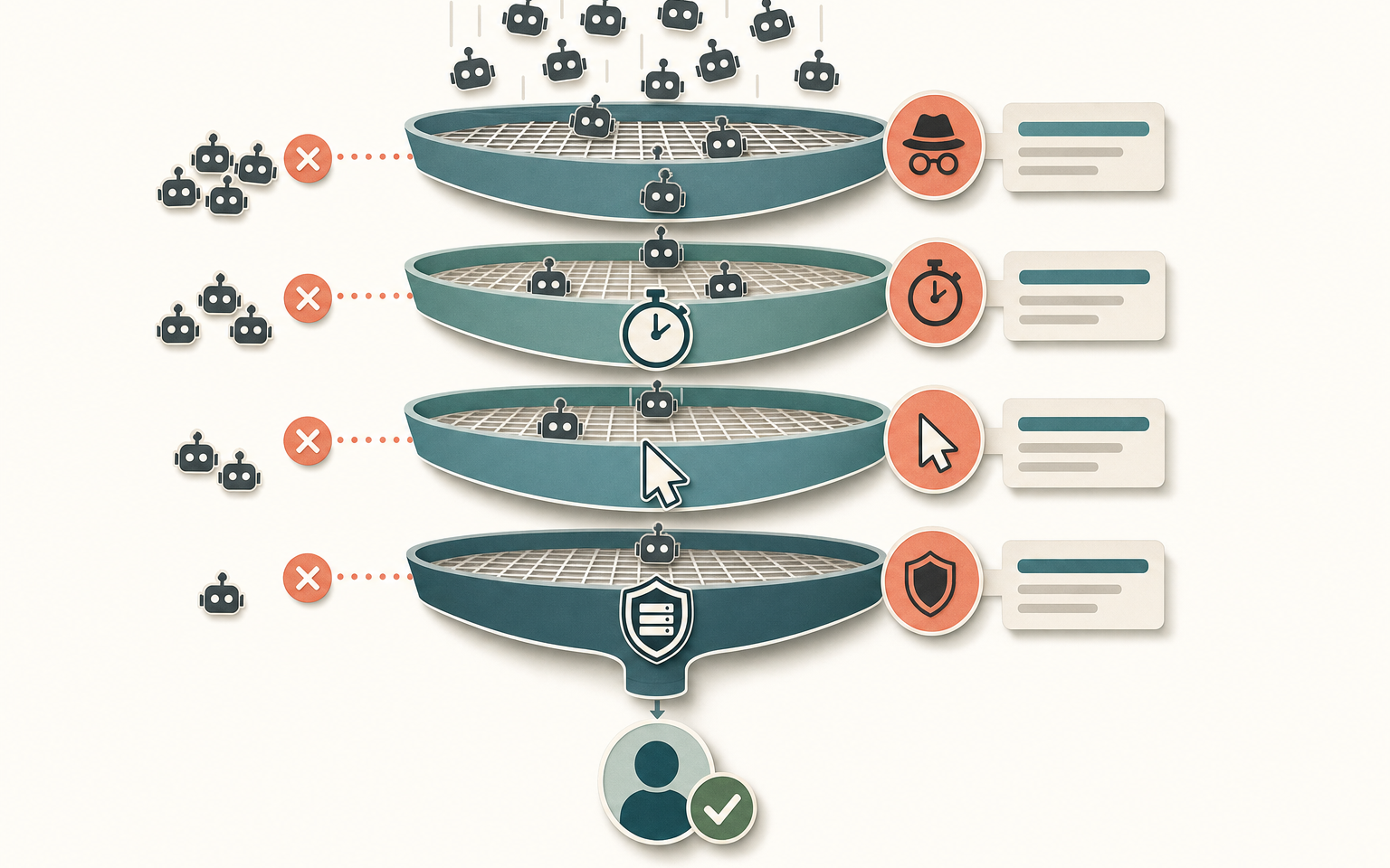 Diagram showing how honeypot fields, submission timing, behavioural checks and server-side validation filter bot form submissions before they reach the store