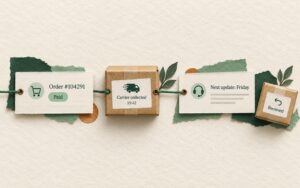 Paper-cut illustration linking a paid order, carrier collection event and customer-support update.