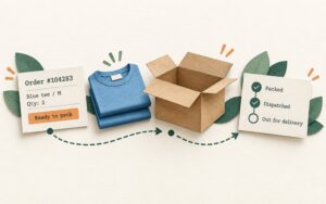 Paper-cut illustration linking a product order card to folded shirts, a parcel and delivery tracking.
