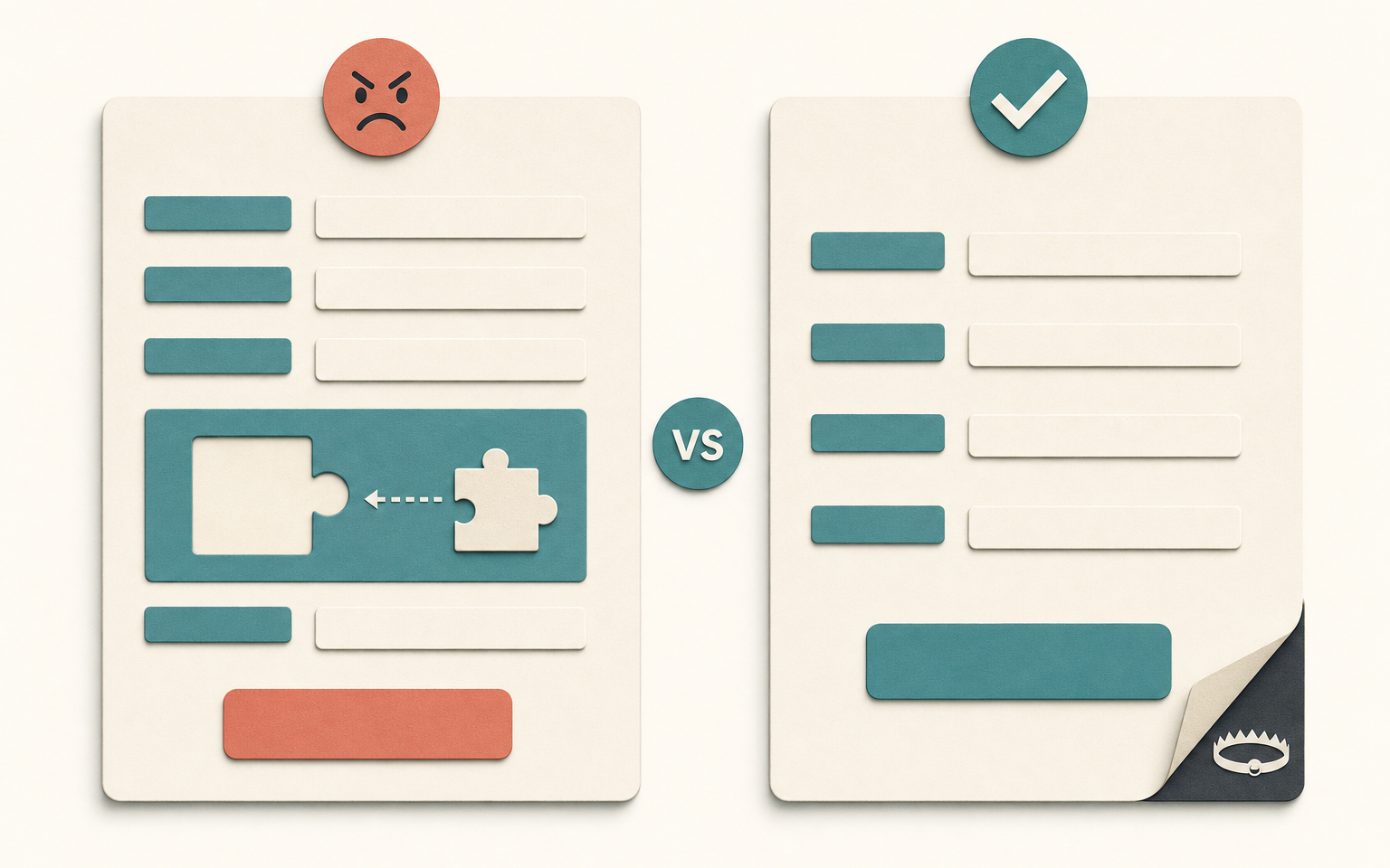 Comparison of a CAPTCHA-protected Magento form versus an invisibly-protected form, showing the friction a real customer experiences on each