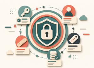 Cutout-style illustration of a Magento admin security checklist with items for 2FA, admin URL, user roles, API tokens and patches, shown as layered protection rings