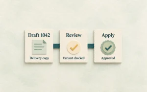 Three paper cards show a draft moving through variant review to approval.