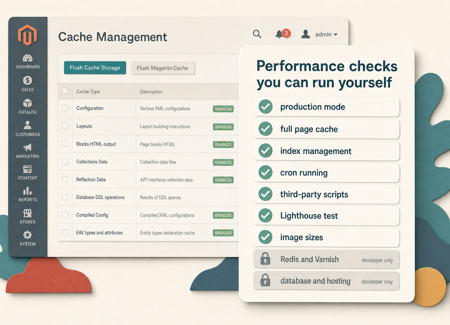 Cutout-style Magento performance check list card over a faint admin cache management screen, with safe merchant checks ticked and developer-only items marked