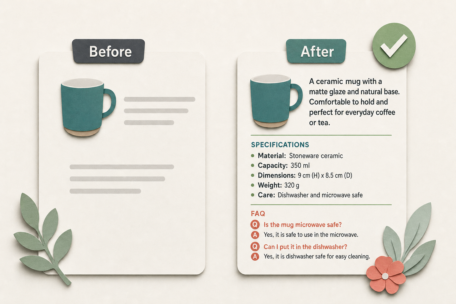 Before and after of a Magento product description: thin manufacturer boilerplate on the left, specific buying-decision copy on the right