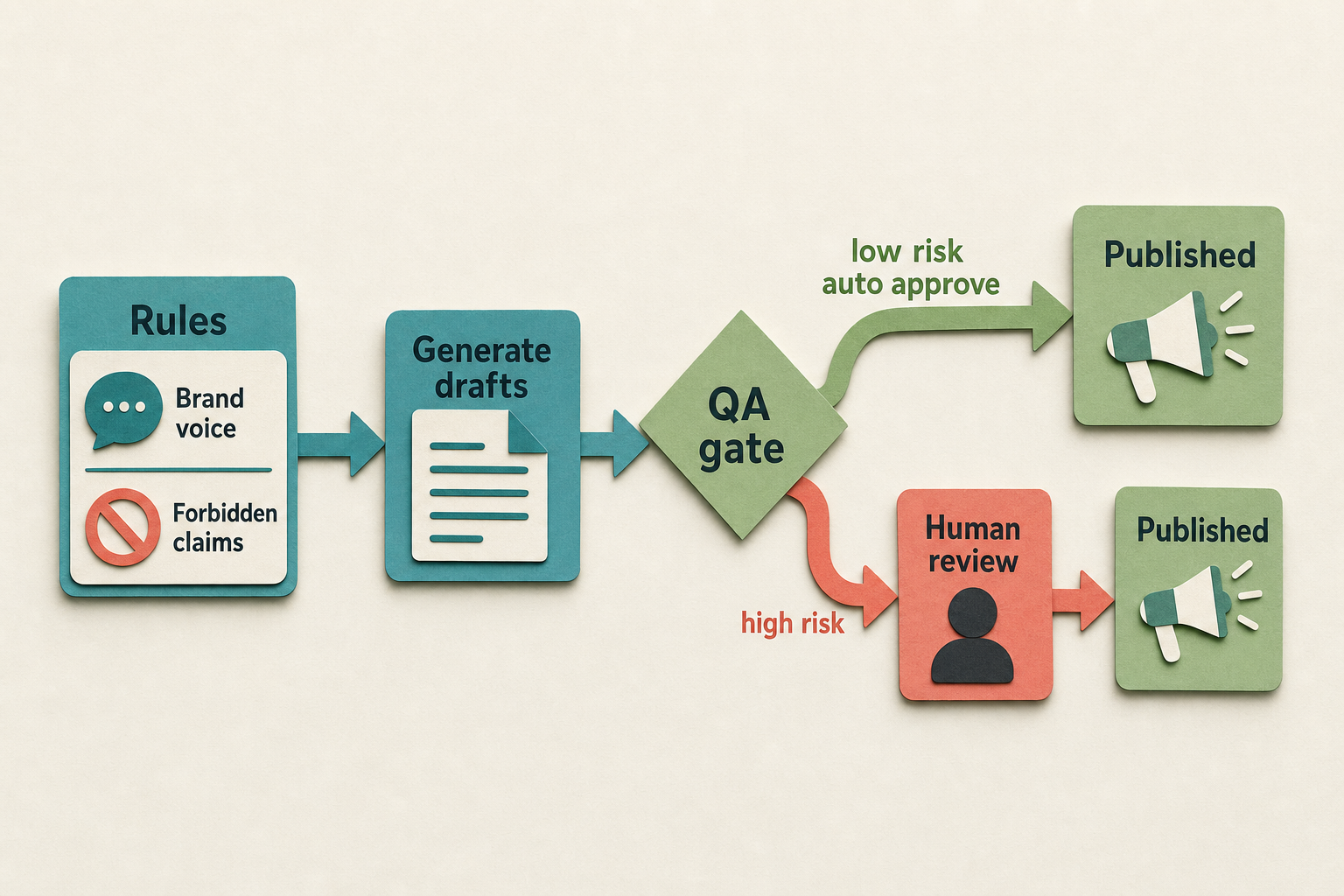 Content workflow diagram showing product descriptions generated as drafts, passed through a QA gate for brand voice and forbidden claims, then approved before publishing