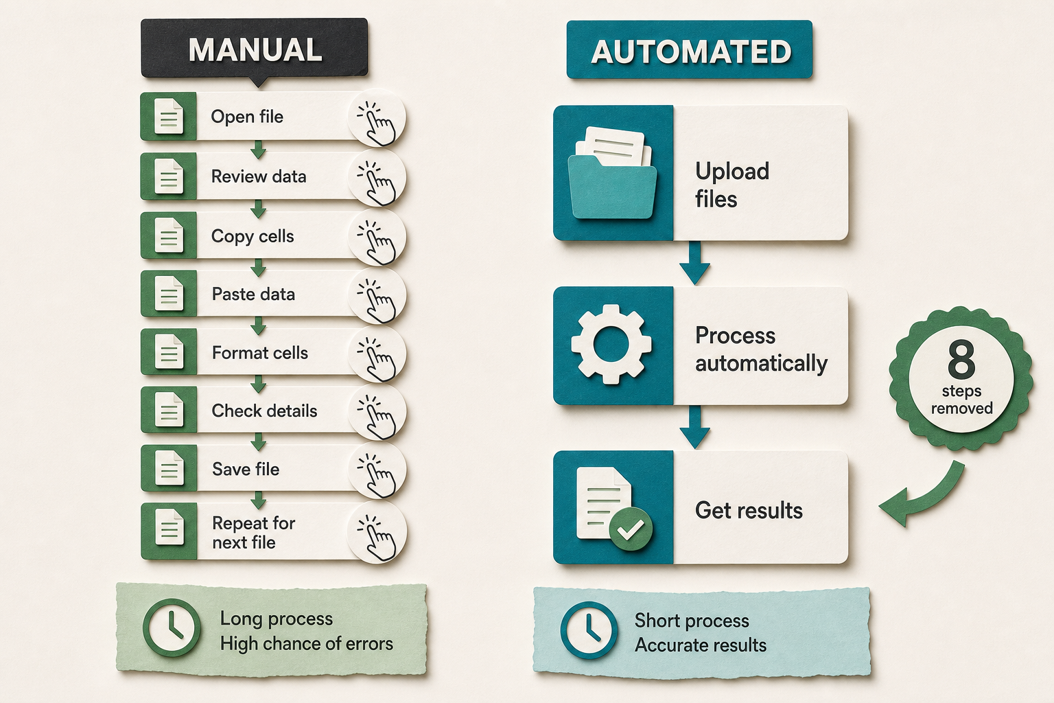 Side-by-side comparison of a manual Magento order-processing workflow versus an automated one, showing where clicks and copy-paste steps are removed