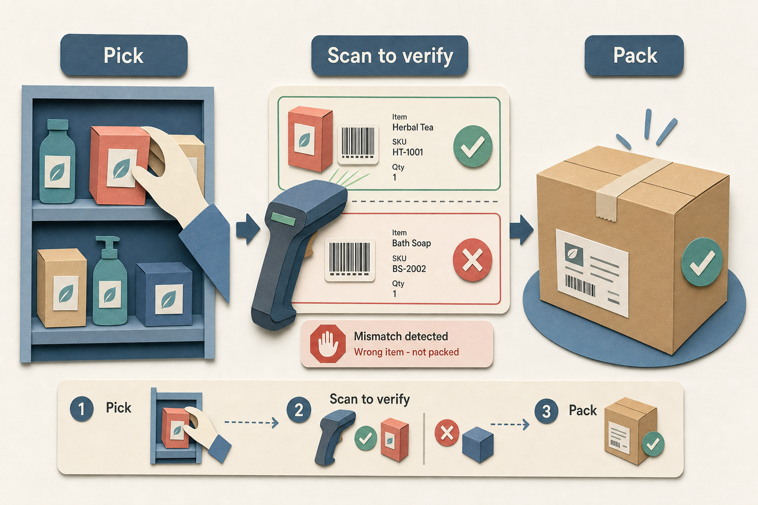 Pick, scan-to-verify and pack workflow diagram showing where a scan check catches a wrong item before it ships and causes a return