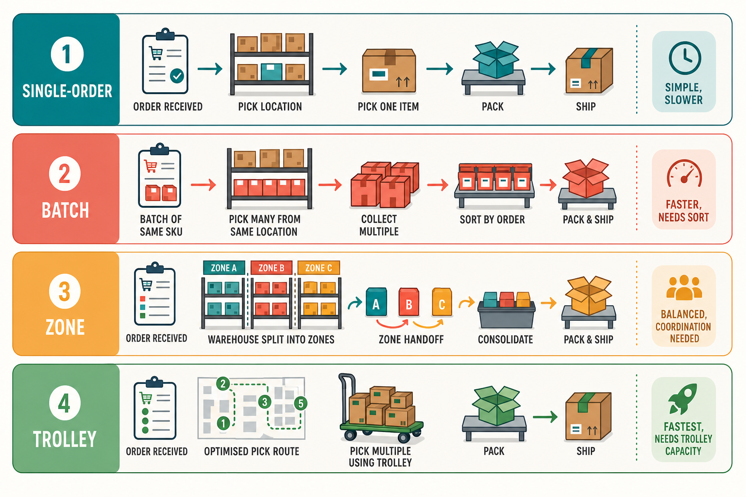 Workflow comparison diagram showing single-order, batch, zone and trolley picking paths through a warehouse with their trade-offs labelled