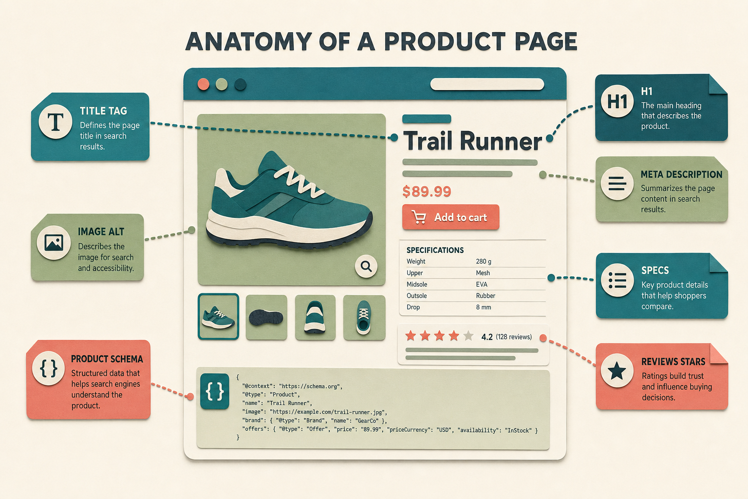 Annotated anatomy of a Magento product page showing which elements carry SEO weight: title tag, H1, description, image alt, specs, reviews and schema