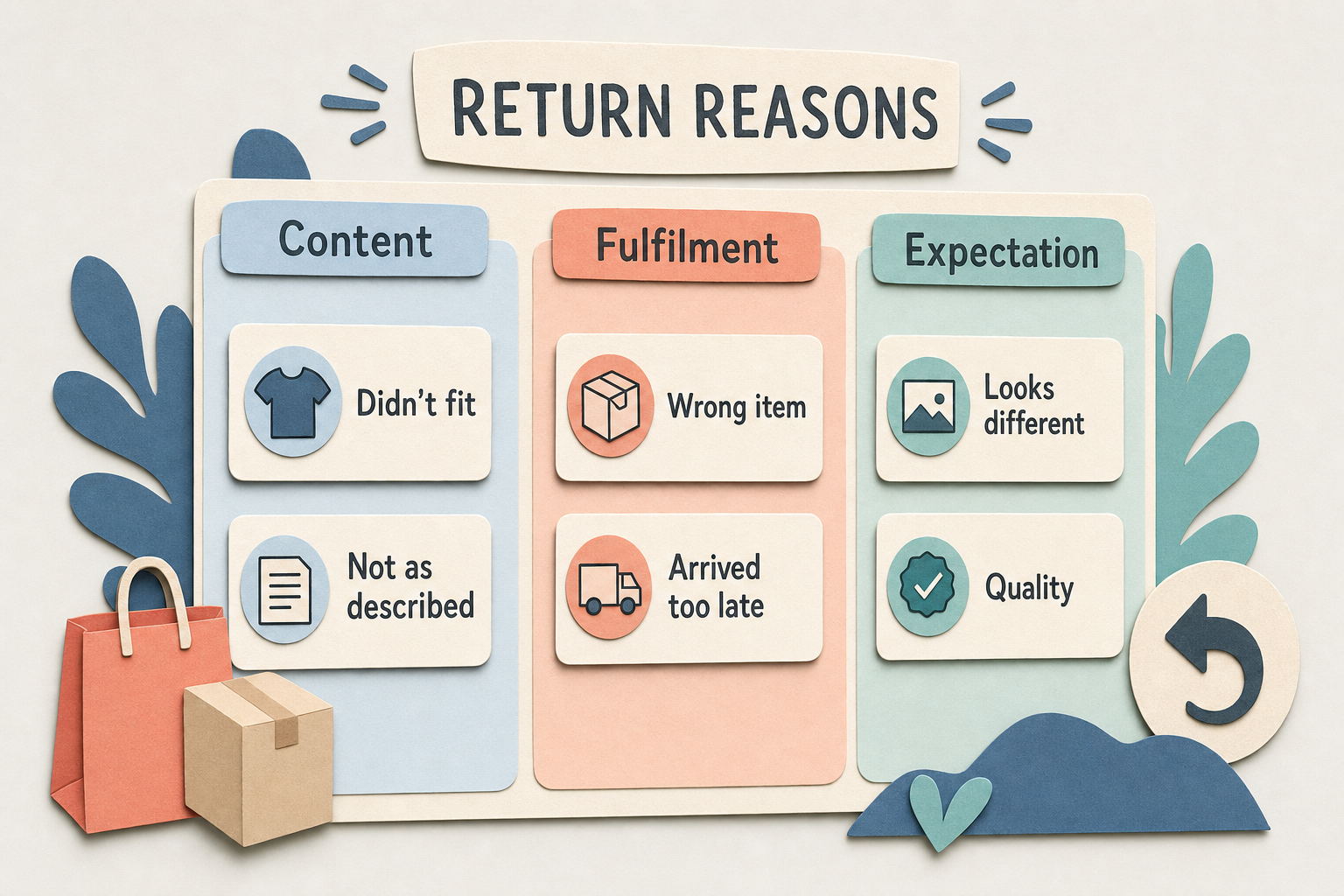 Chart of common ecommerce return reasons split into content, fulfilment and expectation causes with the prevention lever for each