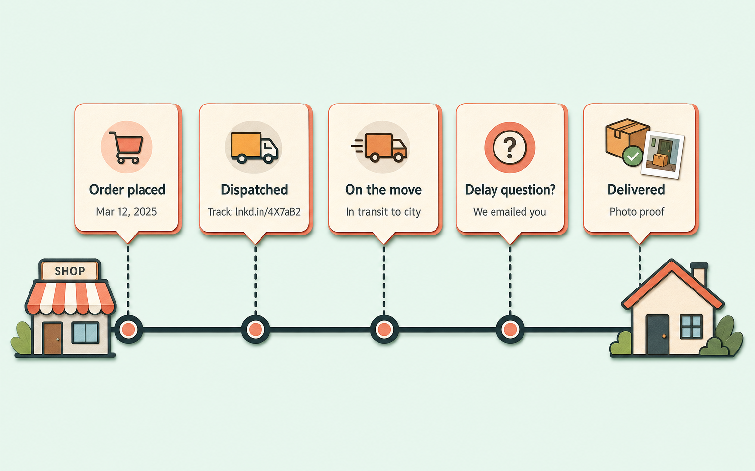 Delivery timeline from order to doorstep marked with the customer communication points that prevent each common type of where-is-my-order ticket
